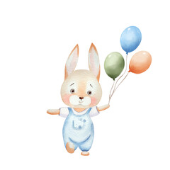 Bunny with balloons. Elements of invitations for children's party, birthday party. Watercolor set with cute animal, hand drawn, isolated on white background. For invitations, cards, textiles, design.