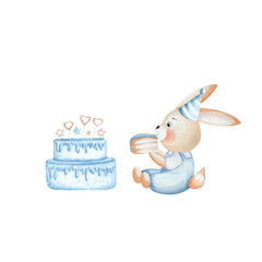 Bunny with slice birthday cake. Invitation elements for baby showers, birthday parties. Watercolor set with cute animal, hand drawn, isolated on white background. For invitations, cards, textiles.