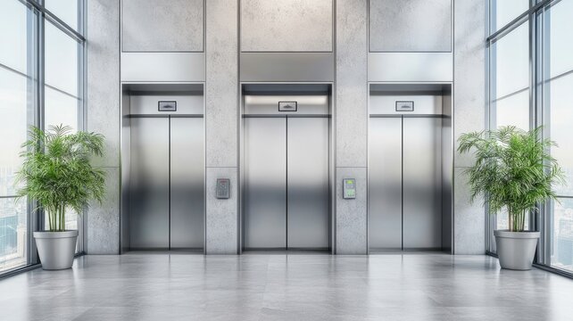 Modern and Elegant Lobby with Three Elevators Surrounded by Lush Greenery and Panoramic Views