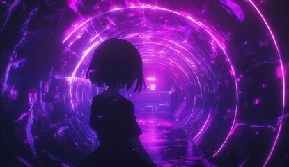 Anime girl silhouette in vibrant purple neon tunnel.