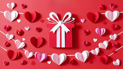 A paper-cut gift box with heart patterns on a red background, surrounded by various white and red paper hearts