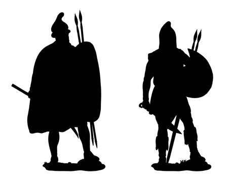 Thracian warriors. Silhouette drawing of antique soldiers.