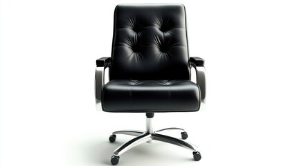 Fototapeta premium A black leather executive chair with polished steel armrests, centered on a bright white background, symbolizing authority.