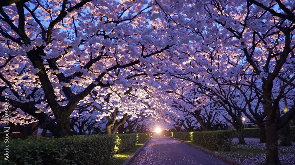 Poster cherry blossom trees illuminate a serene pathway at twilight in a tranquil garden setting