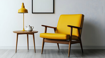 Yellow armchair, side table, lamp, room, interior design