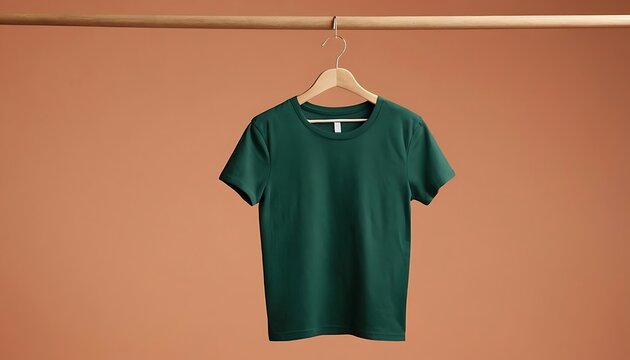 plain green t shirt on hanger. blank t-shirt mockup,huk mockup of a plain DARK green t-shirt, displayed on a hanger against a clean PEACH background.46321