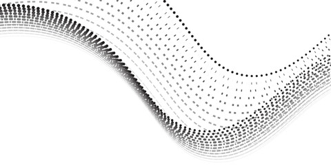 Flowing dots particles wave pattern halftone gradient curve shape isolated on white background.