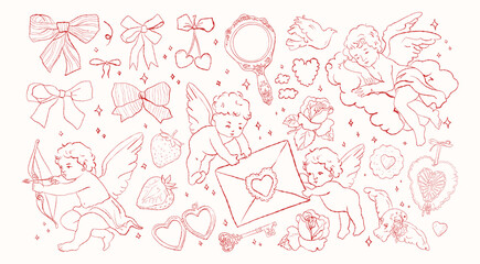 Valentine Day cherub doodle set, vector hand drawn love collection, cute cupid . Vector romantic coquettish scribble, ribbon bow arrow baby angel. Whimsical Valentine doodle