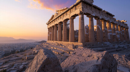 Obraz premium A majestic view of the Acropolis in Athens, Greece, framed by a stunning sunset with vivid orange and purple hues