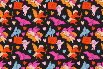 Valentine Day cherub doodle set, vector hand drawn love collection, cute cupid . Vector romantic coquettish scribble, ribbon bow arrow baby angel. Whimsical Valentine doodle