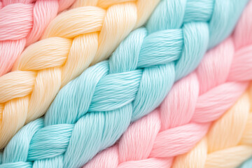 A row of colorful yarns with a blue one in the middle