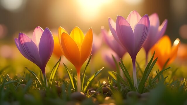 Concetto di fine inverno ed inizio Primavera:  crochi che spuntano dal terreno in giardino o campo fiorito