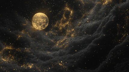 Obraz premium A stunning view of a luminous moon in a starry night sky, surrounded by ethereal clouds.