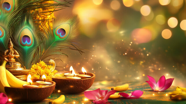  Thaipusam celebration background with diya lights, peacock feathers, bananas and lotuses and coconuts