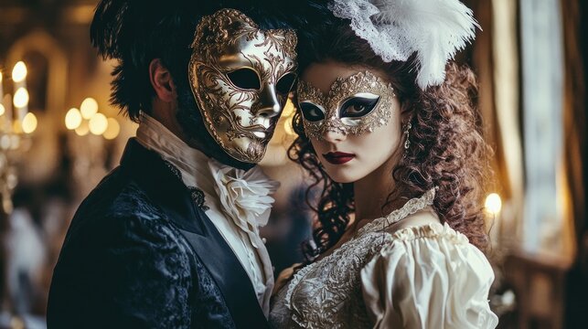 Elegant couple in ornate masks exuding mystery and charm in lavi