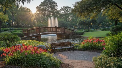 Obraz premium A serene park scene featuring a bridge over water, flowers, and a bench at sunrise.