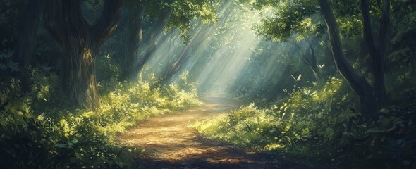 Sunbeams illuminate a tranquil forest path winding through lush green foliage and tall trees.