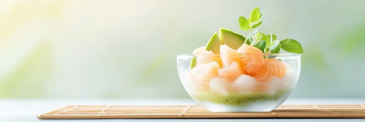 Fresh ceviche delight with lime marinated fish and vibrant garnishes on a bamboo mat