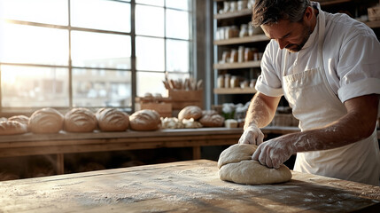 A professional baker kneading fresh dough on a wooden table in a rustic bakery, the baker wearing a white apron with flour dusted hands