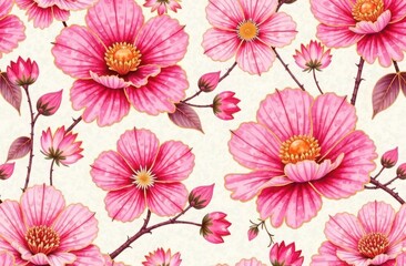 Seamless pattern of Japanese floral pattern, alcohol ink, pink with gold lines