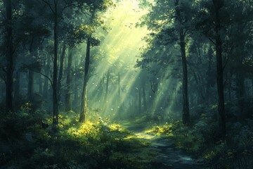 Fototapeta premium Misty Forest Scene with Dense Tree Growth