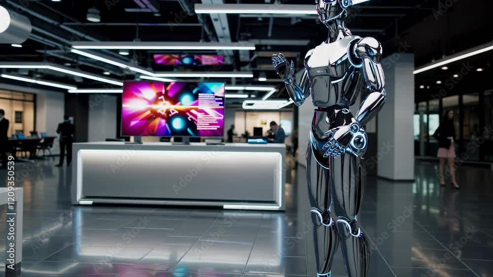 Aufkleber robotic technology demonstration in a modern urban office space showcases advanced artificial intell