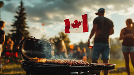 BBQ scene at sunset with Canadian flag, people celebrating Canada day outdoors