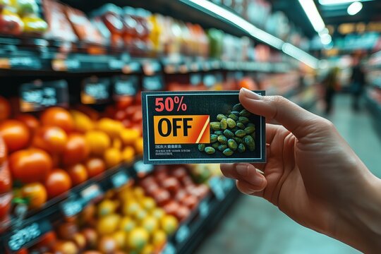 Rabattaktion im Supermarkt mit 50%-Rabatt-Gutschein


