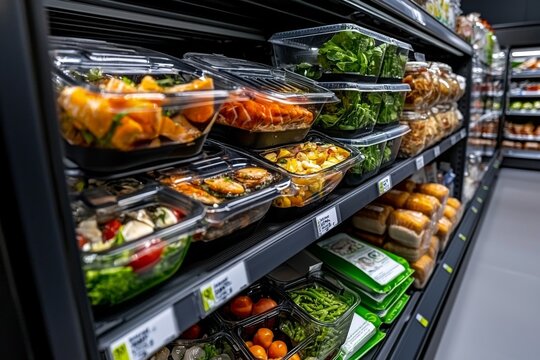 Variety of fresh and prepared food options displayed on supermarket shelves in a modern grocery store