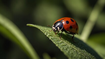 Ladybug with Serene Mood Perched on Green Leaf, Blurred Background
