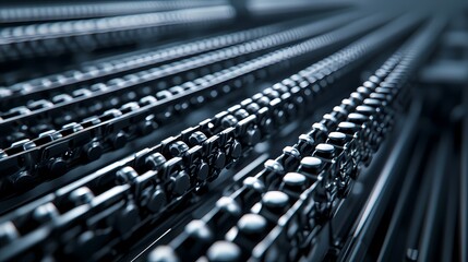 Fototapeta premium A close-up view of metallic chains arranged in parallel, showcasing intricate details and a sleek, industrial design.