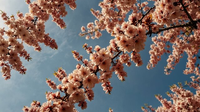 Cherry Blossom Canopy with Delicate Pink Flowers Against Blue Sky, Serene Spring Scene
