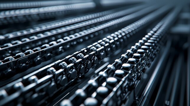 A close-up view of metallic chains arranged in parallel, showcasing intricate details and a sleek, industrial design.