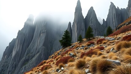"Create a dramatic mountain landscape featuring towering cliffs with jagged edges and sparse pine trees clinging to the rugged terrain. The scene is enveloped in a soft mist...