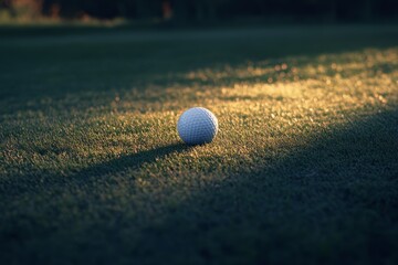 Golf ball on green grass at sunset.