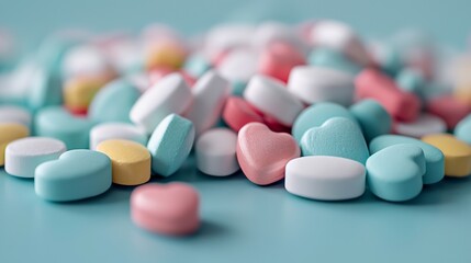 Colorful heart-shaped candies on a pastel surface.
