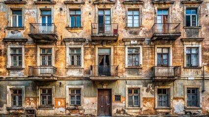 Fototapeta premium Aged Building Facade with Numerous Windows and Balconies, Showing the Effects of Time and Weathering