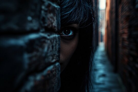 Mysterious woman with dark hair conceals herself in a shadowy alley, her intense gaze peering from behind a brick wall