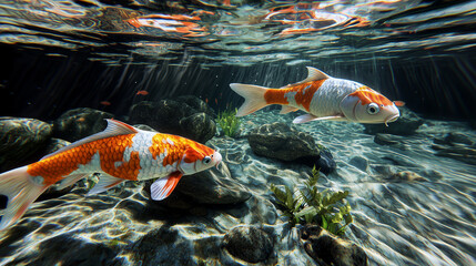 A serene underwater view of vibrant orange and white koi fish swimming gracefully in a crystal-clear pond