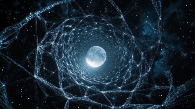 A stunning visualization of the moon surrounded by a cosmic network of stars.