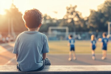 Child sitting alone on bleacher while peers engage in sports illustrating feelings of isolation and low self-esteem