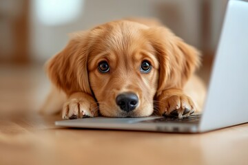 Adorable golden retriever lying beside a laptop on a wooden floor.