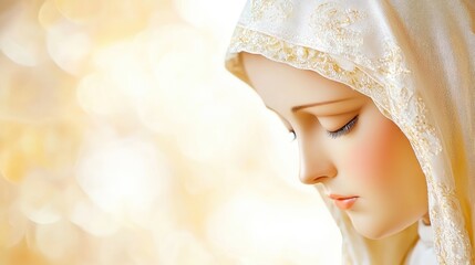 Fototapeta premium Statue of the Virgin Mary wearing a white embroidered veil looking down in prayer against a bright golden bokeh background.