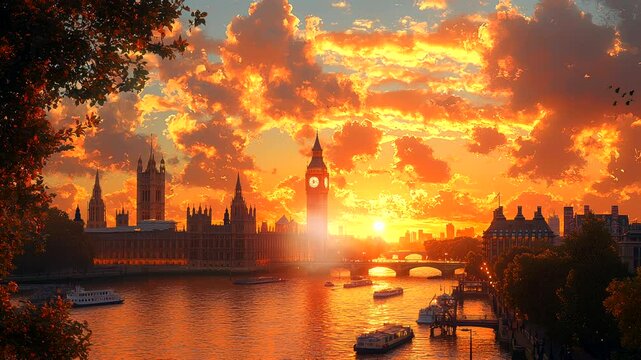 Big Ben and Thames River during a glowing sunset with vibrant skies and reflections, seamless looping 4k time-lapse animation video background. Iconic London scenery concept