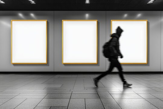 Minimalist wall with bold yellow frames and a blurred passerby in motion.