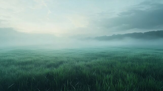 A tranquil misty landscape with lush green grass under a soft sky at dawn.