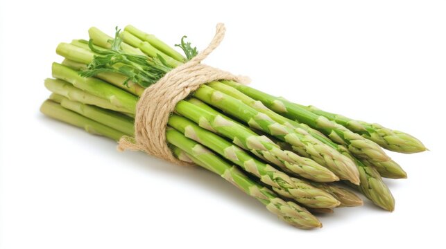 A bundle of fresh green asparagus spears, Their slender forms exuding vitality, Set against an isolated white background to underscore their crispness 