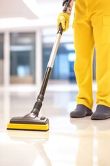 Efficient cleaning practices highlighted by a professional cleaner using a vacuum in a modern commercial space