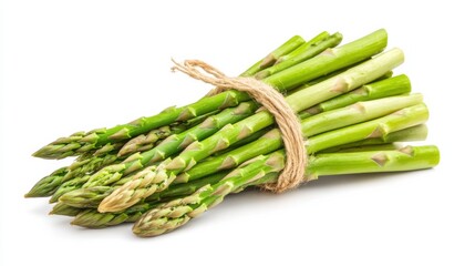 A bundle of fresh green asparagus spears, Their slender forms exuding vitality, Set against an isolated white background to underscore their crispness 