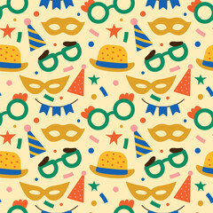 Party seamless pattern. Carnival mask, confetti, holiday flags, birthday cap. Colorful vector illustration for wrapping paper, greeting card, fabric, background